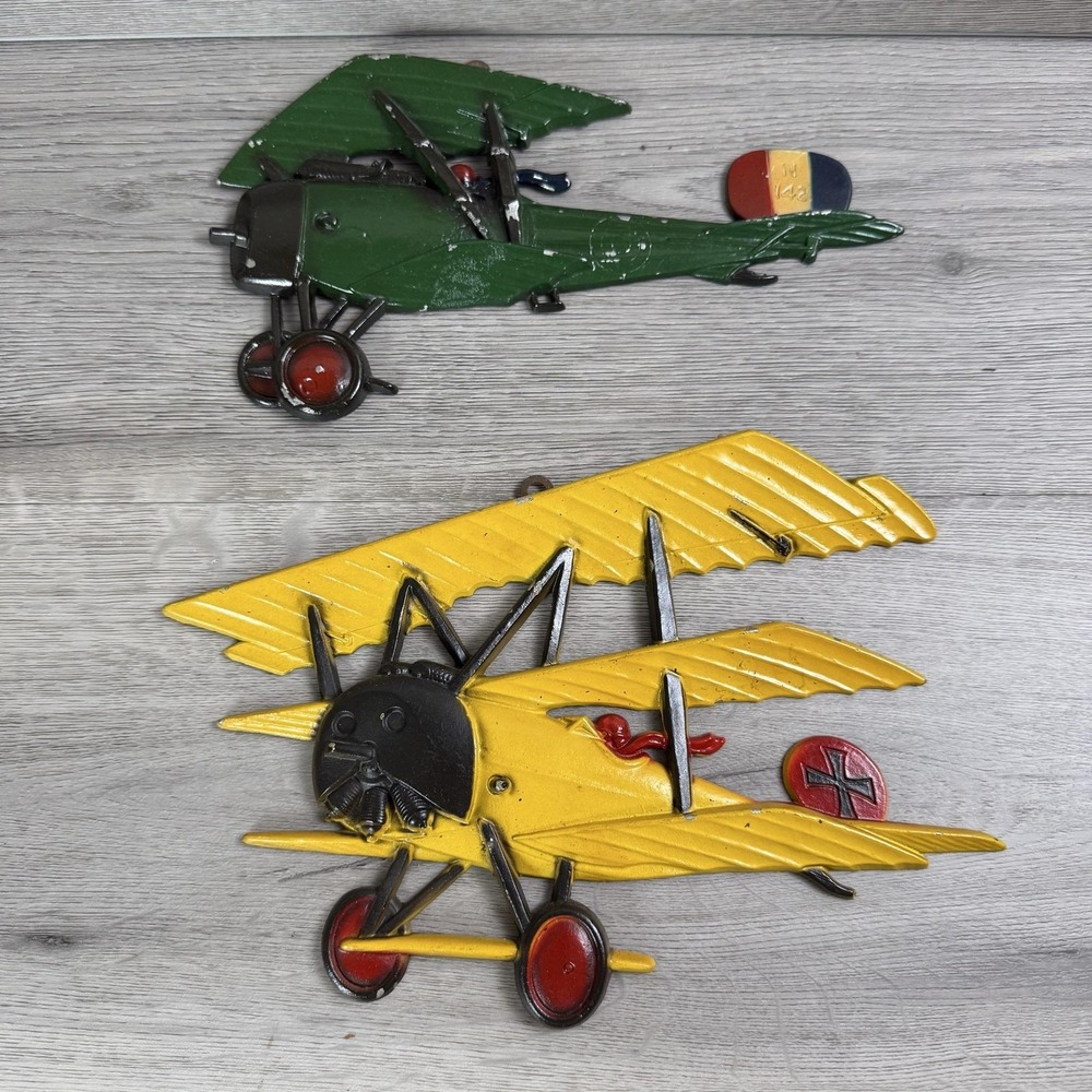 Vintage Homco Airplane Wall Plaques Set Of 2 Colorful Metal WWI Biplane Decor
